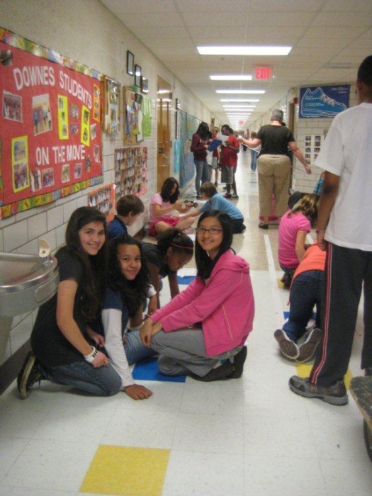 Downes Elementary 5th grades hanging out in the hall